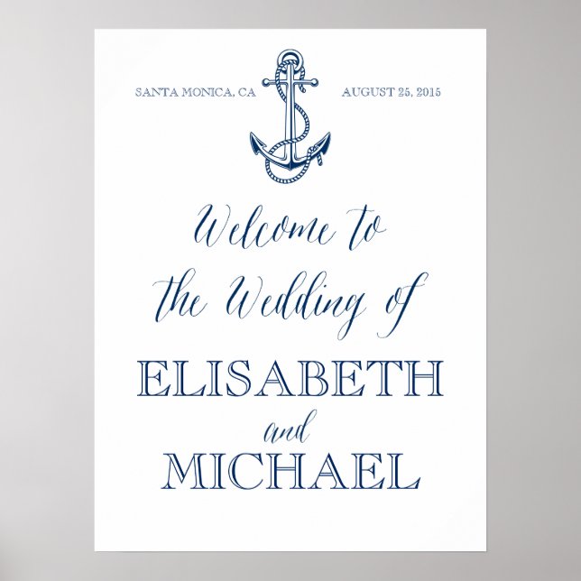 Poster Panneau de bienvenue du Mariage nautique, bleu mar (Devant)