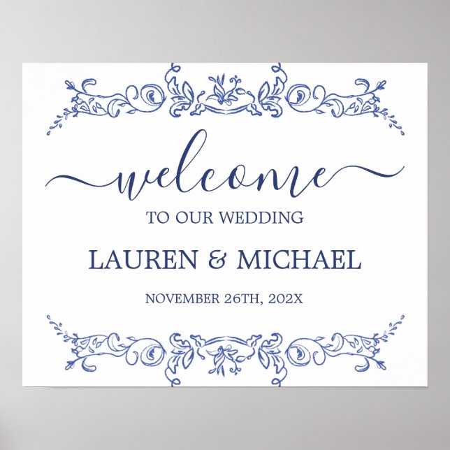 Poster Panneau de bienvenue du Mariage victorien bleu (Devant)