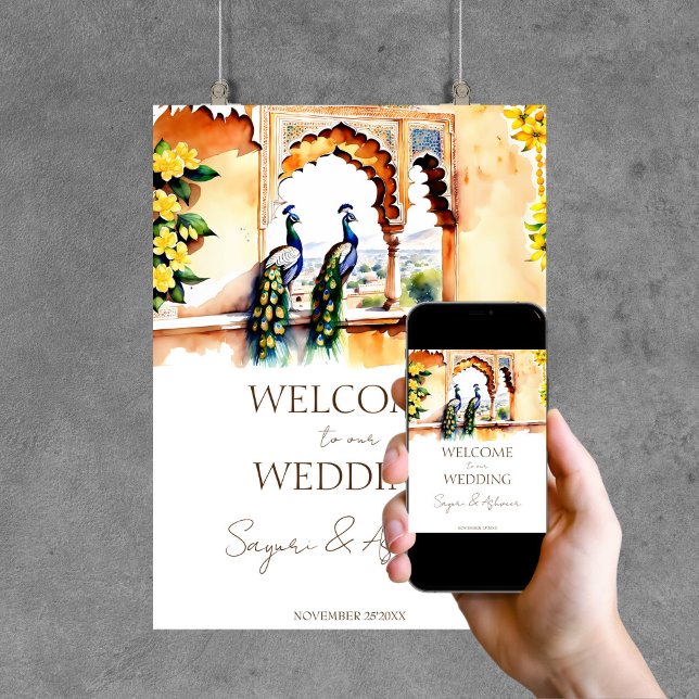 Poster Panneau de bienvenue du paon mariage indien Jaipur (Indian wedding peacocks at  Jaipur palace customized welcome sign template poster instant download)
