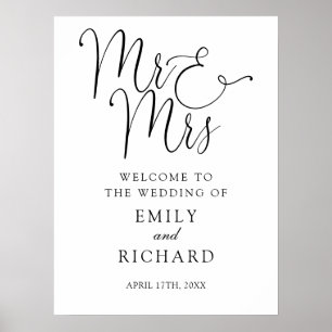 Poster Panneau de bienvenue élégant pour mariage M. et Mm