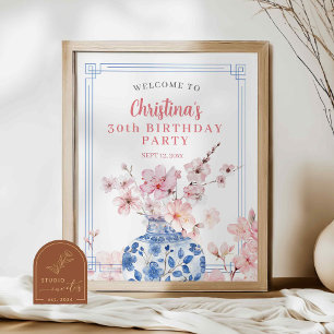 Poster Panneau de bienvenue Fleur de cerisier rose en chi