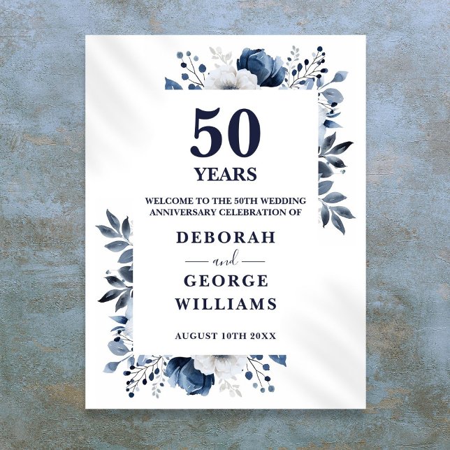 Poster Panneau de bienvenue floral pour 50 ans de mariage (Navy 50th Wedding Anniversary Floral Welcome Sign)