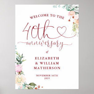 Poster Panneau de bienvenue floral Ruby Heart pour le 40e