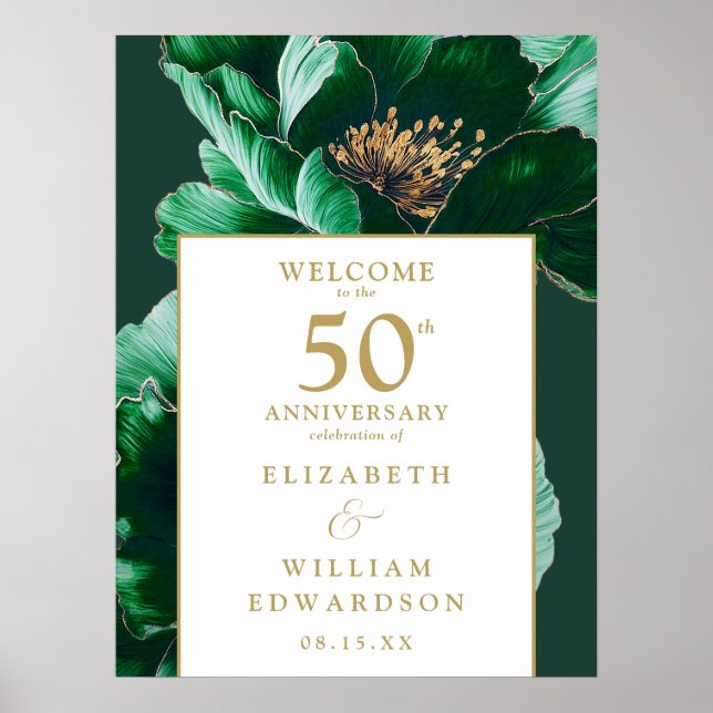 Poster Panneau de bienvenue floral vert or 50e anniversai (Devant)