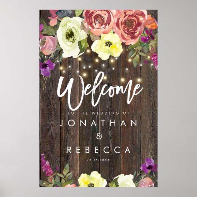 Poster panneau de bienvenue mariage à fleurs de bois rust (Devant)