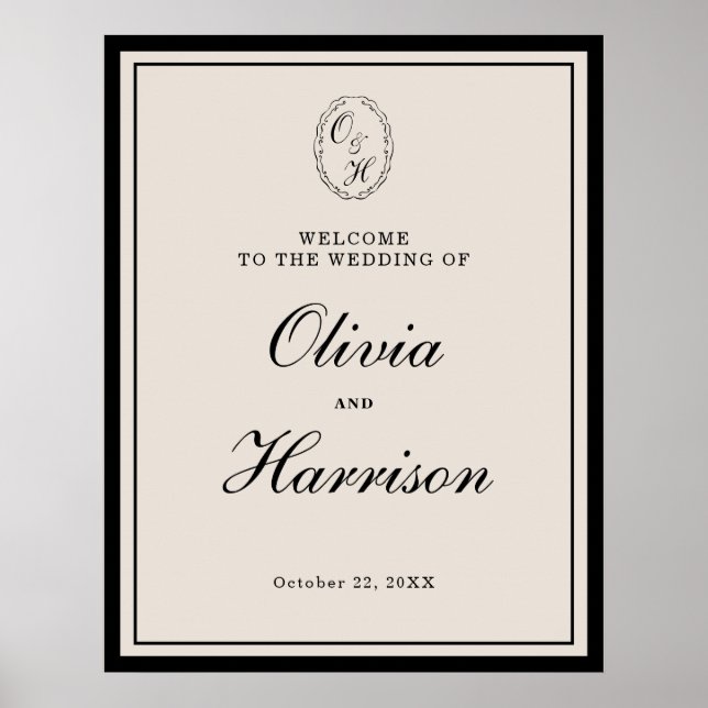 Poster Panneau de bienvenue Mariage Classique Monogramme (Devant)