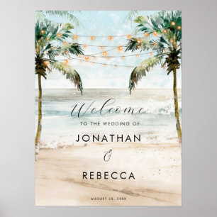 Poster panneau de bienvenue mariage de plage palmiers tro