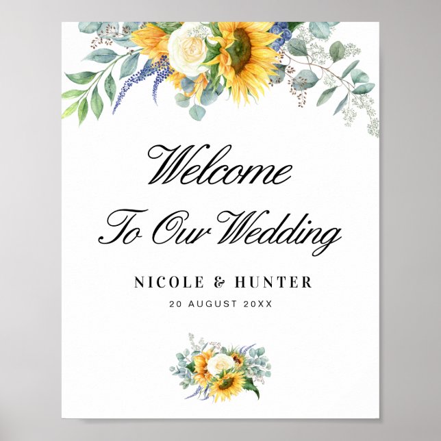 Poster panneau de bienvenue mariage de tournesol aquarell (Devant)