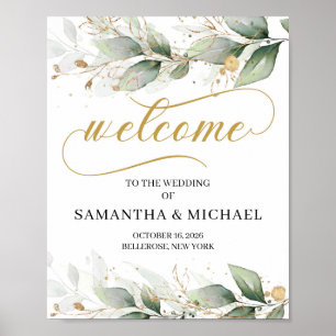 Poster Panneau de bienvenue mariage d'or eucalyptus vert