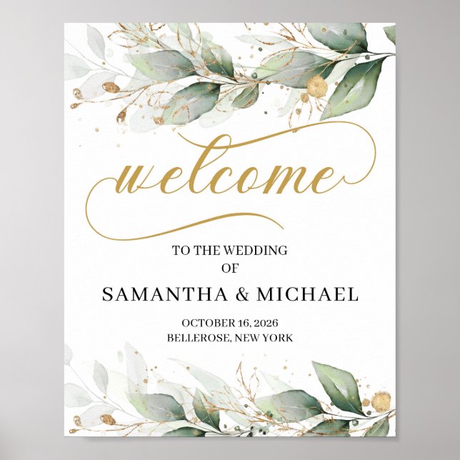 Poster Panneau de bienvenue mariage d'or eucalyptus vert (Devant)