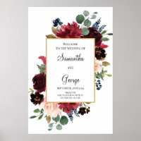Panneau de bienvenue mariage floral bleu bordeaux