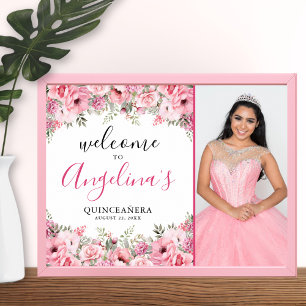 Poster Panneau de bienvenue photo floral rose élégant pou
