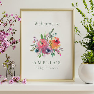 Poster Panneau de bienvenue pour baby shower floral aquar
