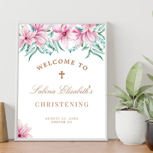 Poster Panneau de bienvenue pour baptême floral rose aqua