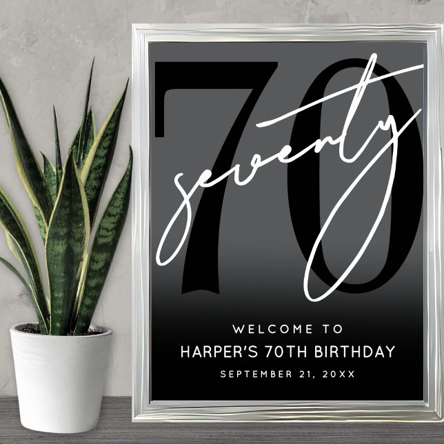Poster Panneau de bienvenue pour les 70 ans, thème Modern (Modern Black 70th Birthday Party Welcome Sign)