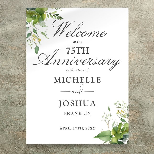 Poster Panneau de bienvenue pour les 75 ans de mariage av (Greenery 75th Wedding Anniversary Welcome Sign)