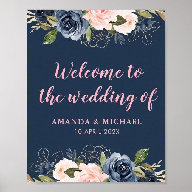 Poster panneau de bienvenue pour mariage à fleurs roses e (Devant)