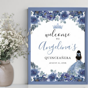 Poster Panneau de bienvenue pour Quinceañera en bleu flor