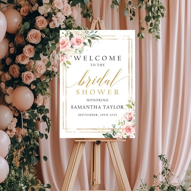 Poster Panneau de bienvenue pour une baby shower rose et  (Blush pink floral gold bridal shower welcome sign)