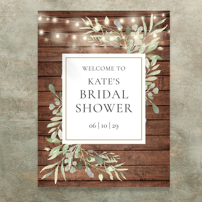 Poster Panneau de bienvenue pour une baby shower rustique (Rustic Lights Greenery Bridal Shower Welcome Sign)