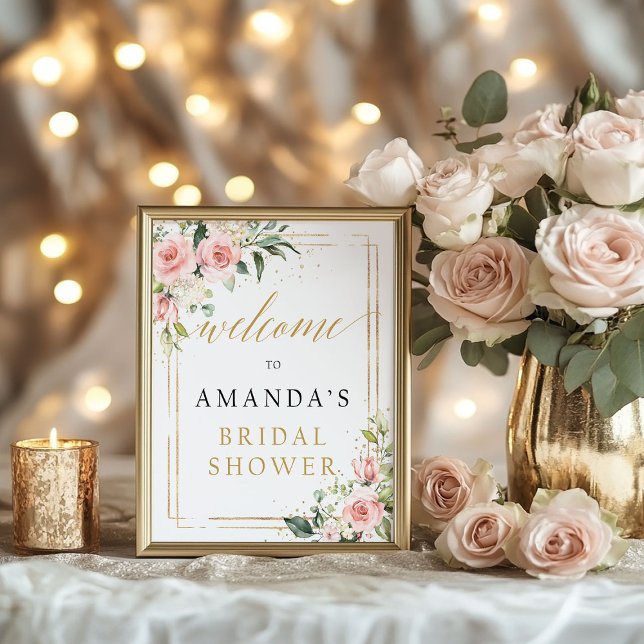 Poster Panneau de bienvenue pour une douche de mariée flo (Boho blush pink floral bridal shower welcome sign)