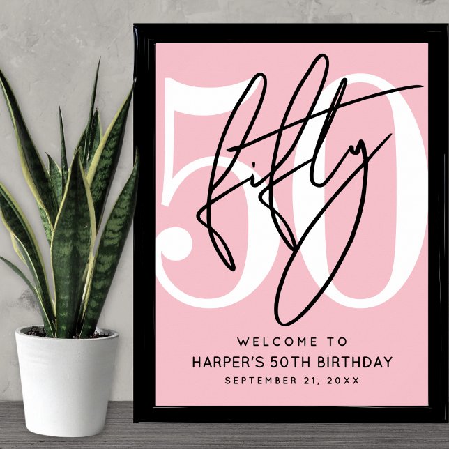 Poster Panneau de bienvenue pour une fête d'anniversaire  (Pink 50th Birthday Party Welcome Sign)