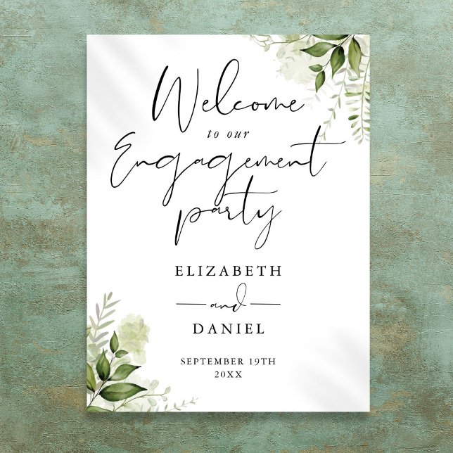 Poster Panneau de bienvenue pour une fête de fiançailles  (Floral Greenery Engagement Party Welcome Sign)