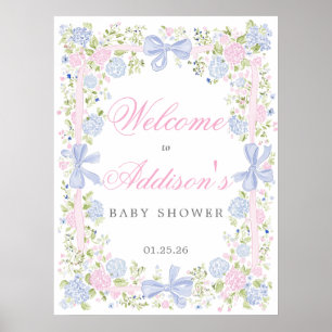 Poster Panneau de bienvenue rose et bleu, Bienvenue flora
