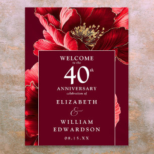 Poster Panneau de bienvenue Ruby Red Floral 40e anniversa