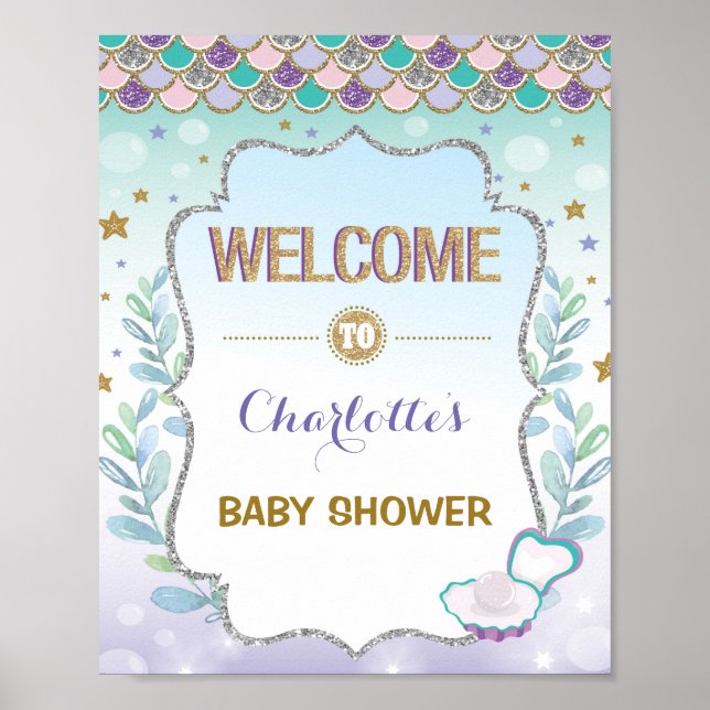 Poster Panneau de bienvenue sirène Fête pour bébé Décorat (Devant)