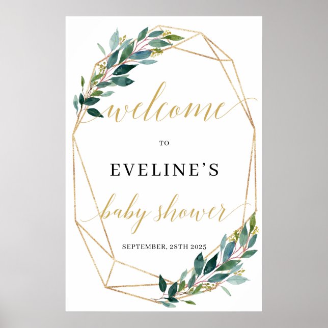 Poster Panneau de bienvenue vert eucalyptus or (Devant)