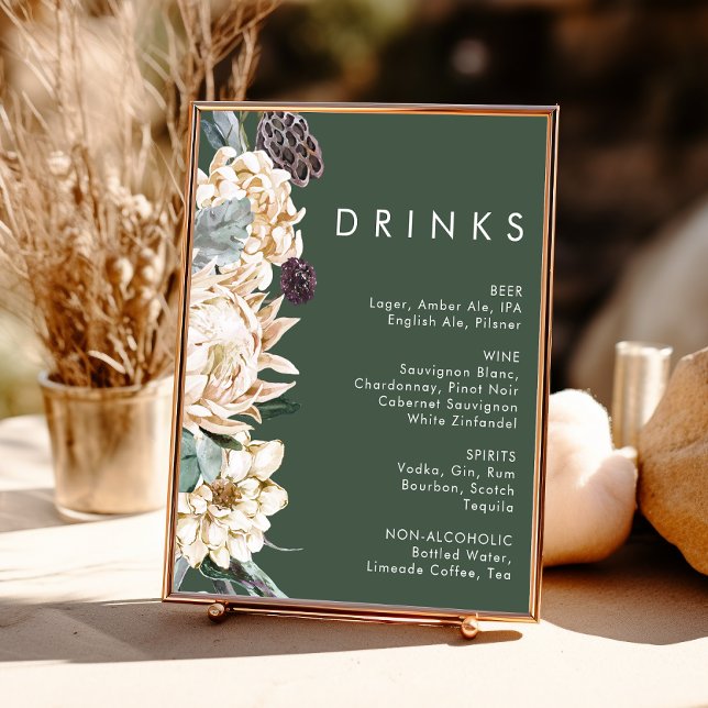 Poster Panneau de boissons de mariage Fleurs blanches | V (Créateur téléchargé)