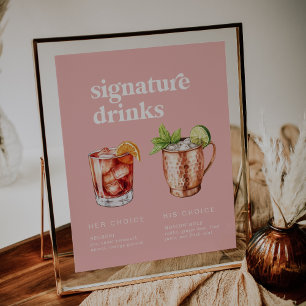 Poster Panneau de boissons signature été rétro rose aquar