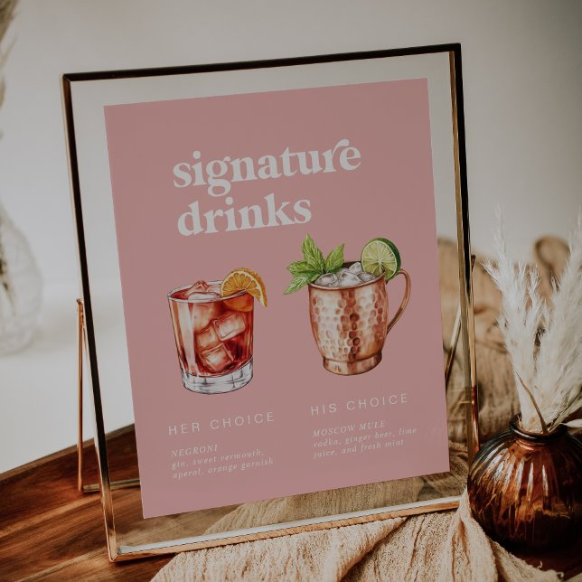 Poster Panneau de boissons signature été rétro rose aquar (Retro Summer Pink Watercolor Signature Drinks Sign)