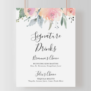 Poster Panneau de boissons signature Fleurs roses élégant