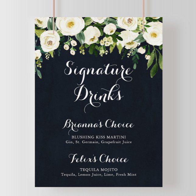 Poster Panneau de boissons signature floral blanc bleu ve (Créateur téléchargé)