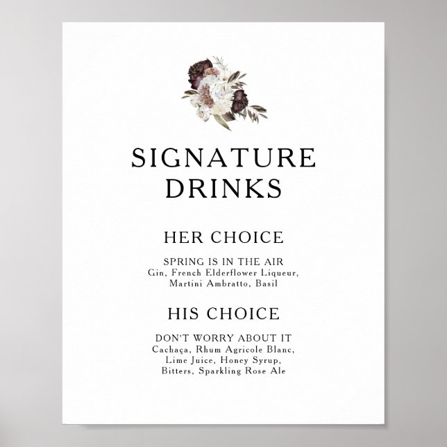 Poster Panneau de boissons signature floral boho Bourgogn (Devant)