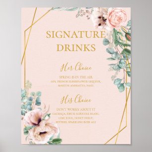 Poster Panneau de boissons signatures au floral pastel ro