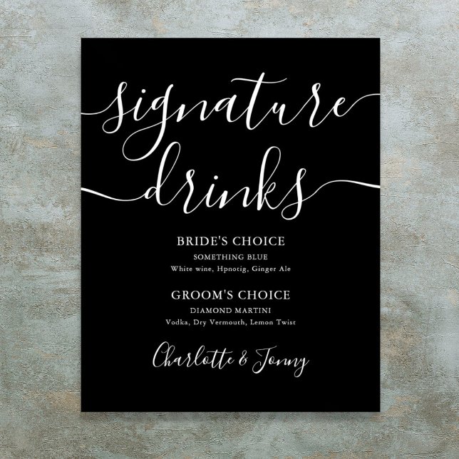 Poster Panneau de boissons signatures noir et blanc (Black And White Script Signature Drinks Sign)