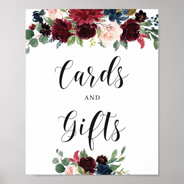 Poster Panneau de cartes et cadeaux floraux bordeaux mari (Devant)