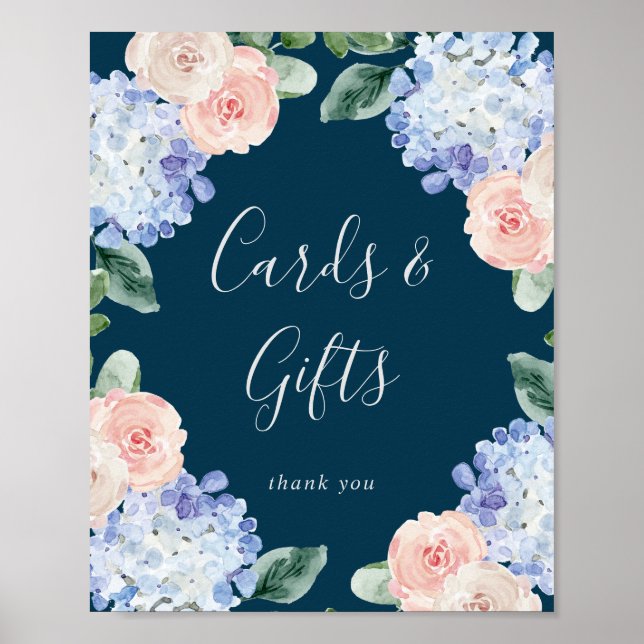 Poster Panneau de cartes et cadeaux Hydrangea bleu élégan (Devant)