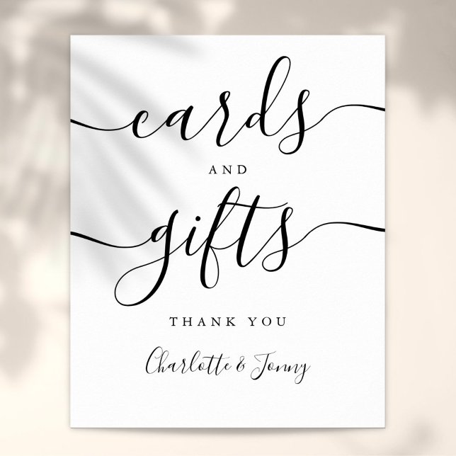 Poster Panneau de cartes et cadeaux noir et blanc écritur (Black And White Script Cards And Gifts Sign)