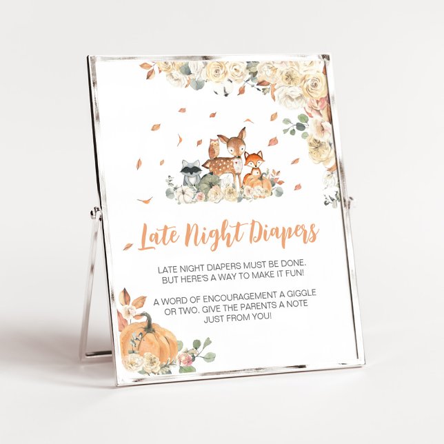 Poster Panneau de Changes de Nuit Animaux de la Forêt Flo (Floral Woodland Animals Baby Shower Late Night Diapers Sign)