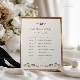 Poster Panneau de Chronologie de Mariage Floral Bourgogne