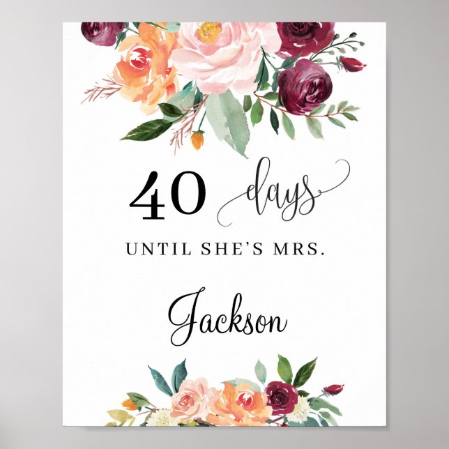Poster Panneau de compte à rebours floral bordeaux blush  (Devant)