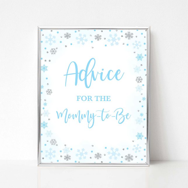 Poster Panneau de conseil en bleu d'hiver pour maman d'êt (Advice for the Mommy-to-be Winter Baby Shower Sign, Blue & Silver Glitter Snowflakes)