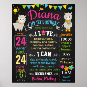 Poster Panneau de craie Llama Premier anniversaire