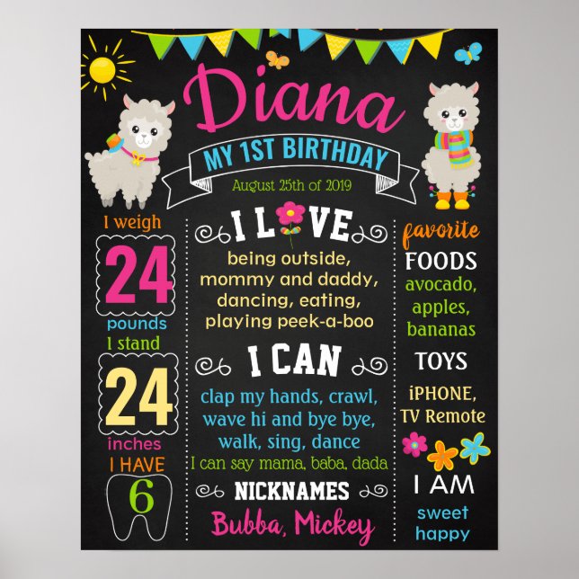 Poster Panneau de craie Llama Premier anniversaire (Devant)