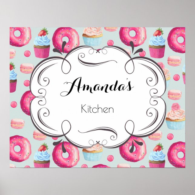 Poster Panneau De Cuisine Avec Pommes Macarons Et Cupcake (Devant)