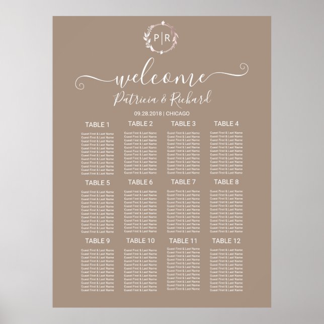 Poster Panneau de disposition de mariage à monogramme en  (Devant)